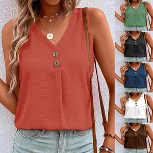 Close-up of V-neck summer tank top with decorative buttons and crepe texture detail