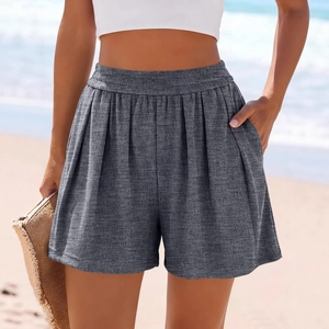 Short femme gris foncé taille haute à côtes avec taille élastique et poches latérales