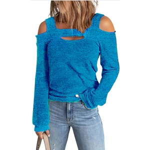 Detail of off-shoulder cutout and knit texture on this electric blue long sleeve top