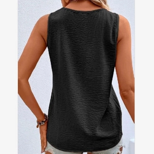 Detail of black V-neck sleeveless top featuring crinkle texture fabric and back cut view