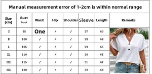 Size guide for women's V-neck T-shirt showing measurements from S to 3XL in centimeters