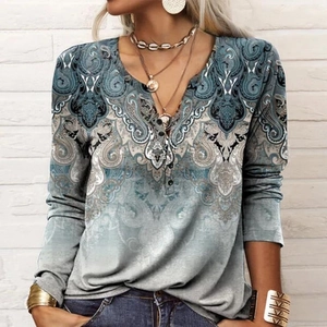 Women's V-neck long sleeve shirt with bohemian paisley print and buttoned Henley collar
