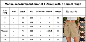 Size chart for women loose casual high waist shorts showing S to 3XL measurements in cm