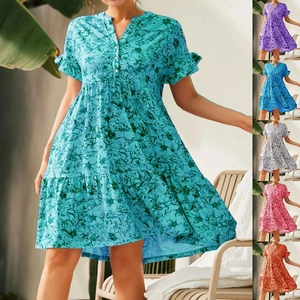 Robe Midi d'Été pour Femmes Col en V Imprimé Floral Manches Courtes Bouton Volant à Étages Trapèze Décontractée Vacances Plage