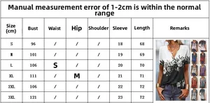 Detailed size chart for women's V-neck floral T-shirt with measurements from S to 3XL