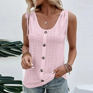 Detail of light pink knit tank top featuring wooden buttons and shoulder ribbon ties
