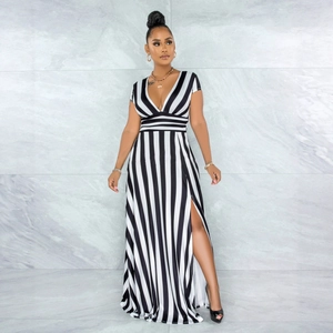 Sexy V-Ausschnitt Gestreiftes Maxikleid Für Damen Kurzarm Hoher Schlitz Figurbetontes Langes Kleid Sommer Party Streetwear Outfits