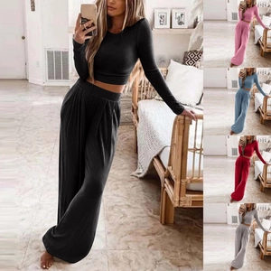 Women Casual Knitted Lounge Top And Pants Round Neck Long Sleeve Crop Top High Waist Wide Leg Pants Ribbed Knit Sweatsuit