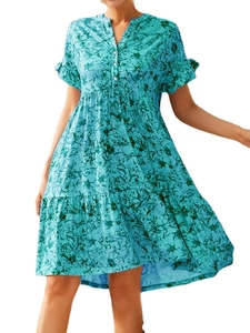 Robe courte fleurie bohème pour femmes avec col en V et boutons en bleu sarcelle foncé