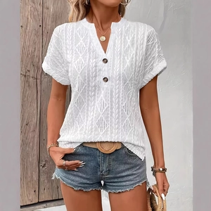 White V-neck crochet knit short sleeve top with buttons and geometric cable patterns