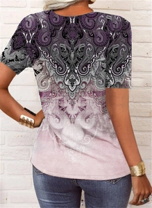 Detail of purple gradient T-shirt featuring a mandala paisley print on the back