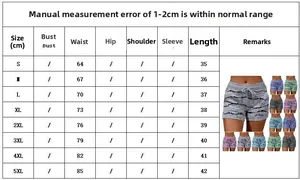 Guide des tailles pour short de yoga femme avec mesures de taille et de longueur