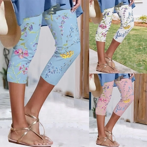 Leggings Capri pour Femmes Été Imprimé Floral Coupe Slim Taille Haute Pantalon de Yoga Extensible Décontracté Sportif