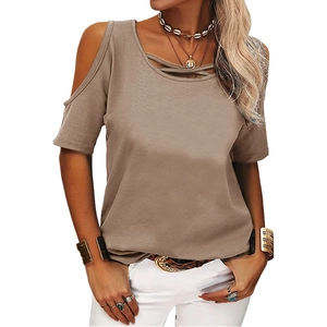 T-shirt femme kaki à épaules dénudées avec encolure croisée et manches courtes