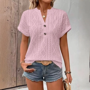 Women's V-neck light pink short sleeve knit top with decorative buttons and hollow texture