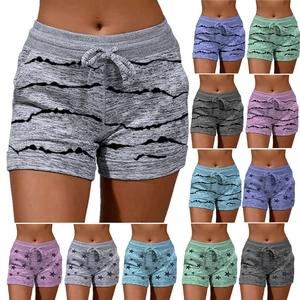 Shorts de Yoga Décontractés pour Femmes Taille Élastique Cordon Tricot Chiné Imprimé Étoiles Rayures Running Fitness Shorts