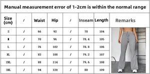 Tableau des tailles pour pantalon yoga évasé avec mesures précises de S à 3XL