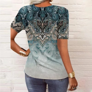 Detailed back view of a women's short-sleeved t-shirt featuring paisley print patterns