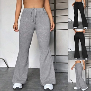 Pantalon Évasé Taille Haute pour Femme Avec Cordon de Serrage et Poches Pantalon Long de Yoga Sportif en Maille Décontracté