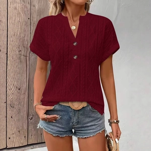 Burgundy short sleeve cable knit v-neck t-shirt with buttons for casual summer fashion