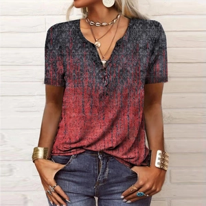 Detail of red and grey gradient floral print on women's V-neck short sleeve Henley shirt