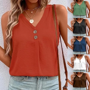 Women Casual Sleeveless V Neck Tank Top Decorative Buttons Textured Pleated Summer Loose Fit Solid Color Fashion Top