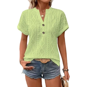 Women's light green V-neck knitted t-shirt with button detail and eyelet cable pattern