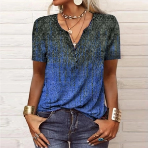 Close-up of bohemian V-neck T-shirt with button placket and ethnic gradient print