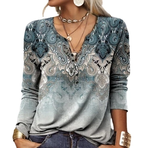 Women long sleeve V-neck top with vintage paisley floral print and Henley button detail