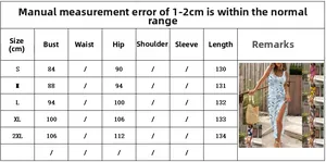 Size guide for summer printed slit maxi dress with bust and length measurements in cm