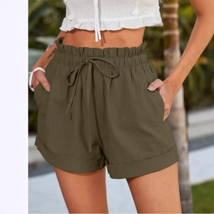 Olive green high-waisted cotton linen shorts with drawstring and cuffed hem for women