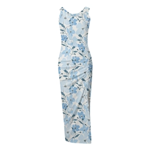 Detail of floral ivory maxi dress with side drawstring ruched slit and blue flower print