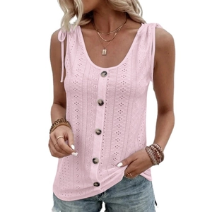 Women's pink U-neck tank top with eyelet pattern, button front, and shoulder ties