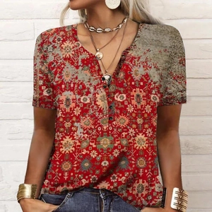 Detail of red V-neck T-shirt with bohemian mandala print and buttoned neckline decor