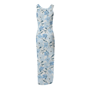 Detailed close-up of white summer maxi dress with blue floral print and side slit
