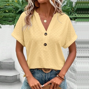 Women's V-neck eyelet short sleeve t-shirt in pale yellow with button detail