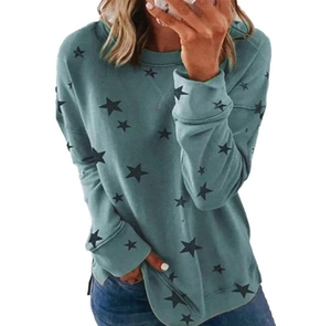 Detail of star pattern on long-sleeve sweatshirt with ribbed crew neck and cuffs