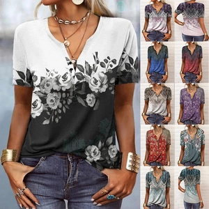 Women V Neck Short Sleeve T-Shirt Button Henley Casual Loose Summer Tee Paisley Floral Gradient Print Fashion Top