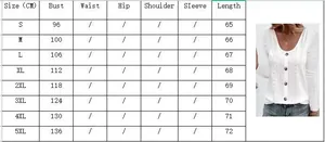 Size chart for women's long sleeve top with buttons and eyelet hollow fabric