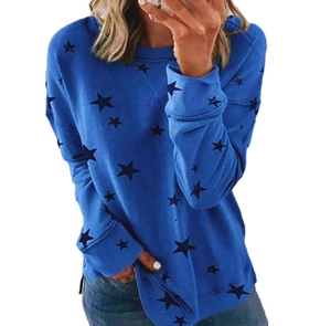 Detail of royal blue long sleeve sweatshirt featuring black star patterns and ribbed cuffs