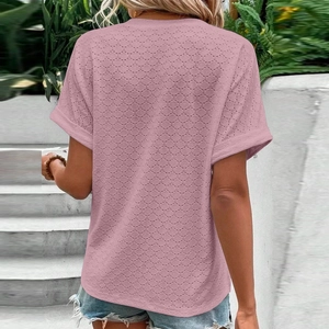 Detail of mauve V-neck T-shirt showing eyelet knit fabric and rolled sleeve design