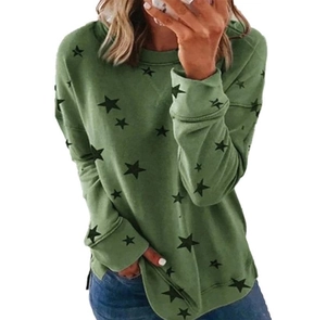 Detail view of olive green oversized sweatshirt with black star print and side slit hem