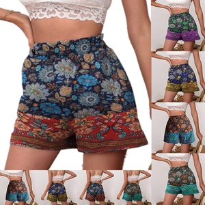 Pantaloncini da Donna con Vita Alta Stampa Etnica Boho Motivo Floreale Geometrico Elastico in Vita Gamba Larga Vacanze Estive Casual
