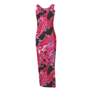 Detail of summer sleeveless maxi dress with abstract print, side ruching and high slit