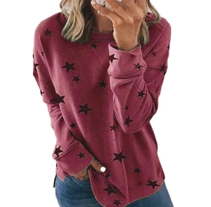 Detail view of the star print pattern and ribbed cuffs on the maroon long sleeve sweatshirt
