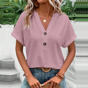 Women's V-neck short sleeve pink top with button detail and lace texture in casual style