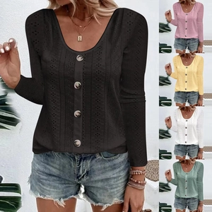 Women's Casual Eyelet Hollow Out Long Sleeve T-Shirt Button Round Neck Loose Fit Jacquard Top Solid Color Soft Blouse
