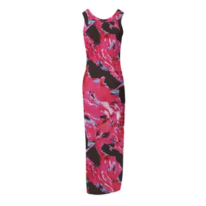 Detailed view of the sleeveless maxi dress featuring a vibrant pink and black marble print