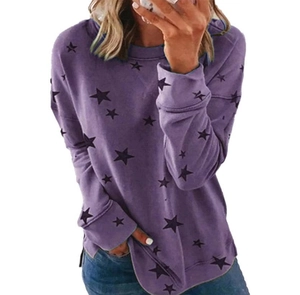 Detail view of purple oversized long sleeve sweatshirt with black star print and side slits