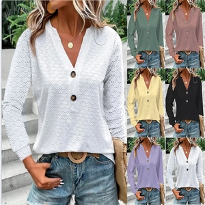 Detailed view of women's V-neck long sleeve tops showing textured eyelet fabric in six colors